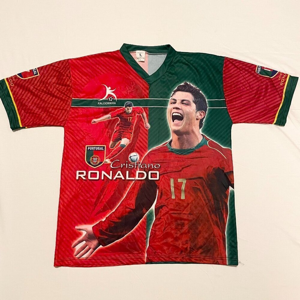 Red and Green Soccer Jersey Featuring Cristiano Ronaldo Graphic